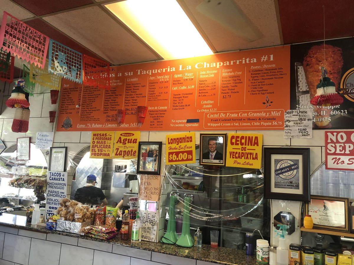 The menu and counter inside of La Chaparrita Taquera