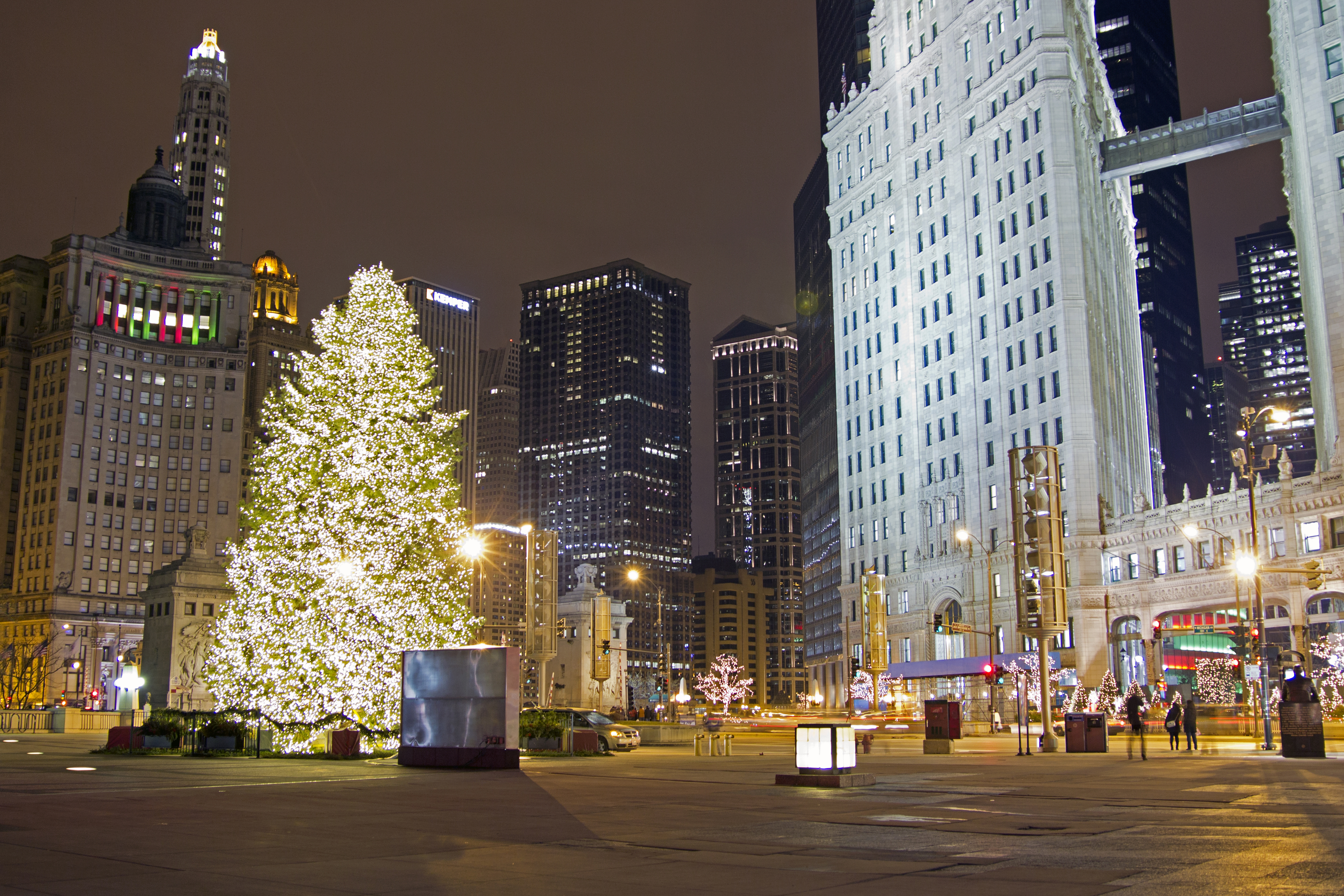 A huge Christmas tree covered in lights in Downtown Chicago.