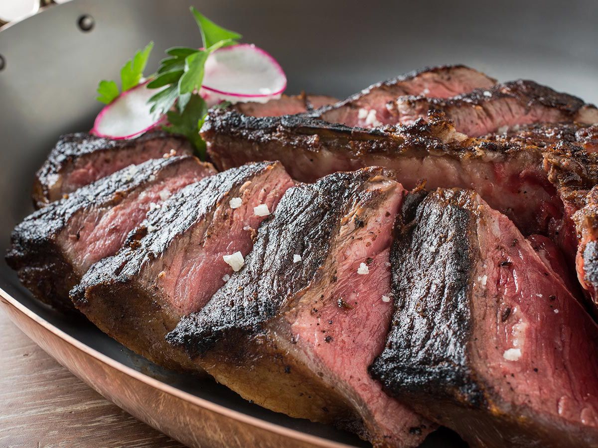 A platter of sliced steak.